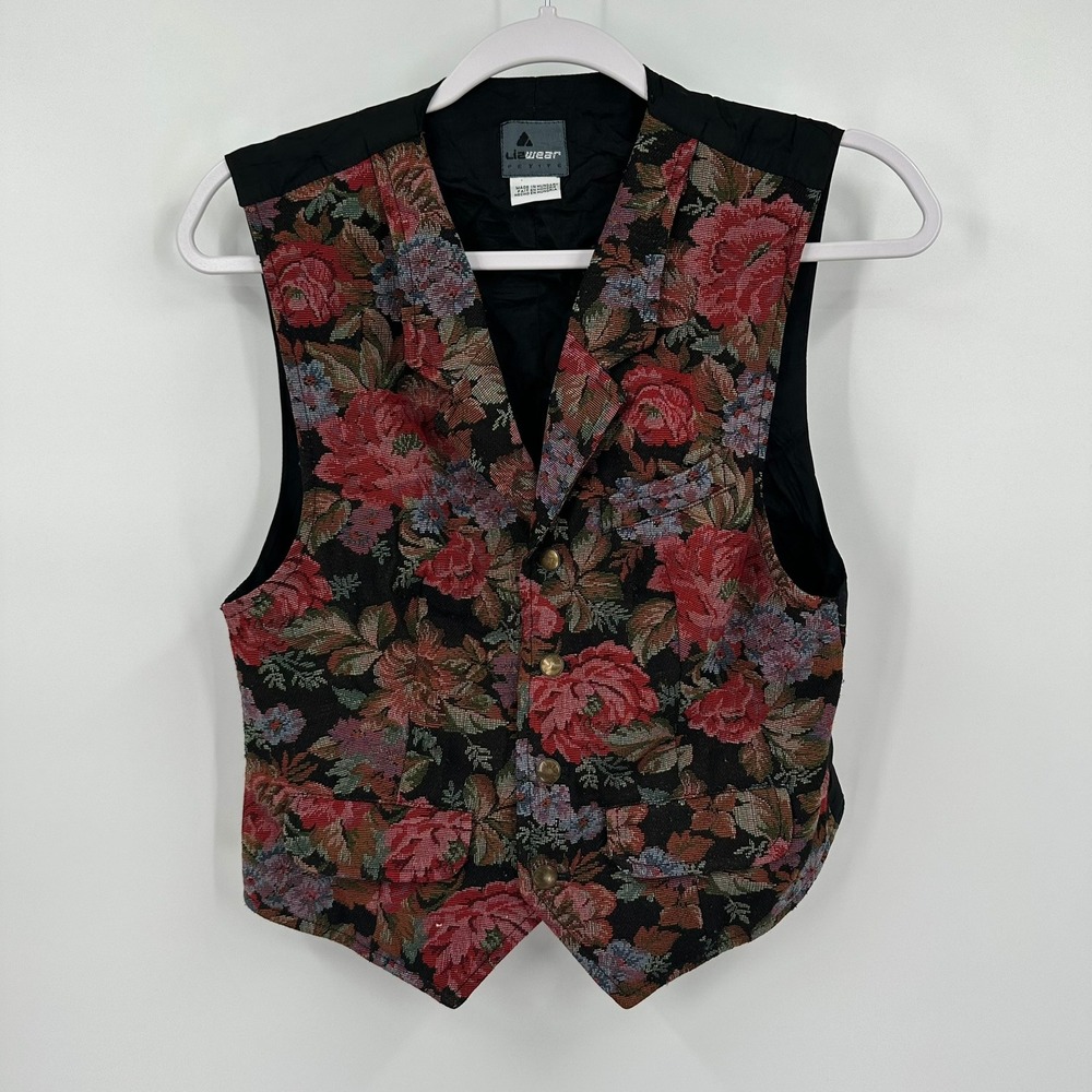Womens Boho Dark Floral Tapestry Vest Size 4P Steampunk Victorian Layering